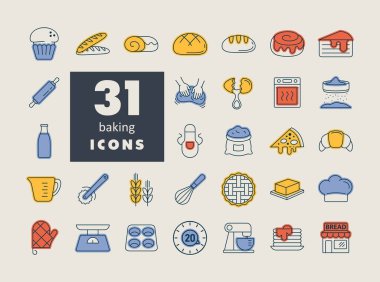Pişirme ve hamur işi için bir dizi modern doğrusal simge. İnce doldurulmuş detaylarla ana hatlarıyla. İçinde ekmek, kruvasan, buğday, fırın eldiveni ve daha fazlası var. Ağ, uygulama ve markalaşma için mükemmel.