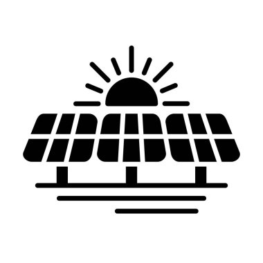 Yenilenebilir elektrik ve yeşil enerji tasarımı kavramları için uygun güneşe sahip minimalist güneş çiftliği sembolü
