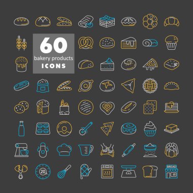 A comprehensive set of 60 flat on dark background icons for bakery products and kitchen tools. Perfect for websites, menus, and food-related applications