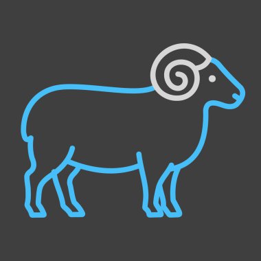 Koyu arkaplan ikonunda boynuzları olan beyaz bir koçun minimalist düz çizgi çizimi. Çiftlik hayvanları, çiftlik hayvanları, et veya tarım sembolleri için idealdir.