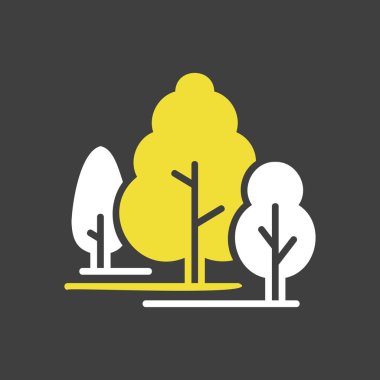 Karanlık arka planda yaprak döken orman vektör simgesi. Doğa işareti. Seyahat ve turizm web sitesi ve uygulama tasarımı, logo, uygulama, UI için grafik sembolü