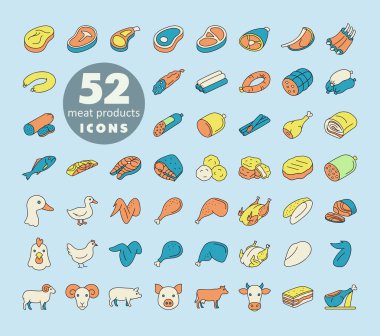 Çeşitli et ve kümes hayvanları, balık ve çiftlik hayvanlarını temsil eden 52 minimalist düz çizgi resim ikonundan oluşan geniş bir koleksiyon. Yemek ve kasap dükkanları için uygun.