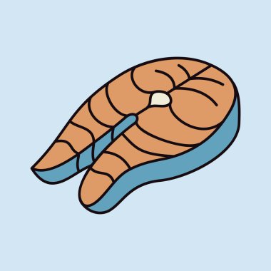 Taze balık bifteğinin minimalist yassı vektör simgesi (örneğin somon veya ton balığı), deniz ürünleri pişirme veya restoran tasarımı için idealdir.