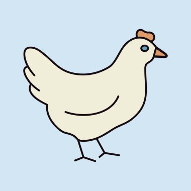 Minimalist, bembeyaz bir tavuk ya da tavuğun tüm vücut düz çizgisi çizimi. Çiftlik, kümes hayvanları, yiyecek ve tarım tasarımları için ideal