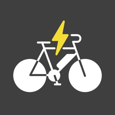 Çevre taşımacılığı ve aktif şehir hareketlilik tasarımı kavramları için uygun yıldırımlı koyu arkaplan simgesi üzerindeki minimalist elektrik bisiklet sembolü