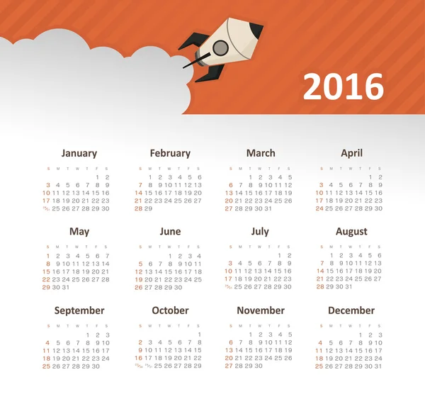 Kalender für 2016 mit Rakete. Woche beginnt am Sonntag. — Stockvektor