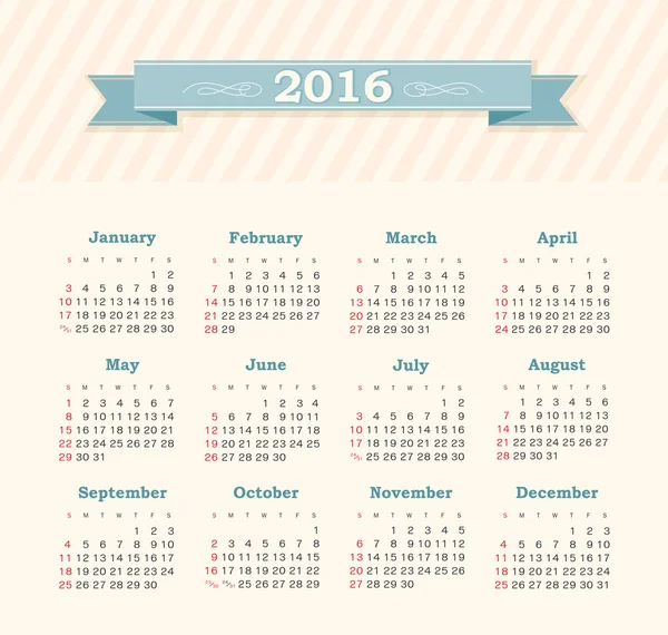 Kalender voor 2016. Week begint zondag. — Stockvector