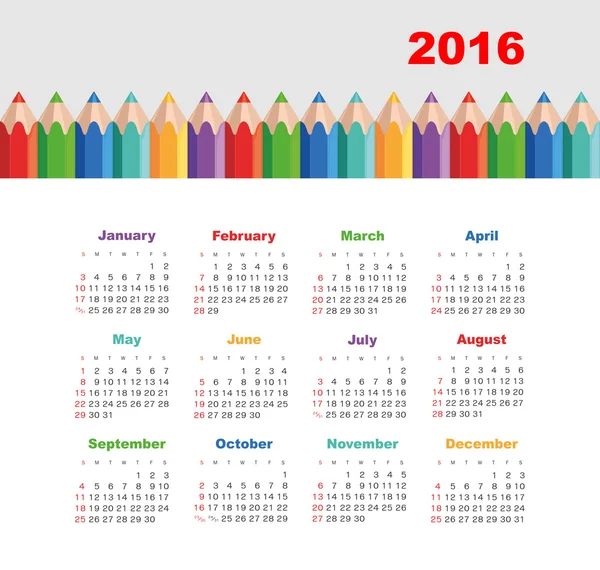 Calendário 2016 com um lápis. Semana começa domingo . — Vetor de Stock