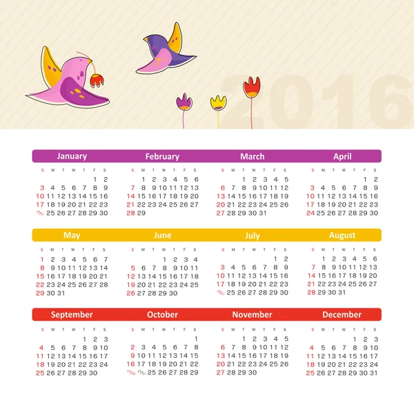 Calendar for 2016 with bird. Week Starts Sunday. — Stock Vector