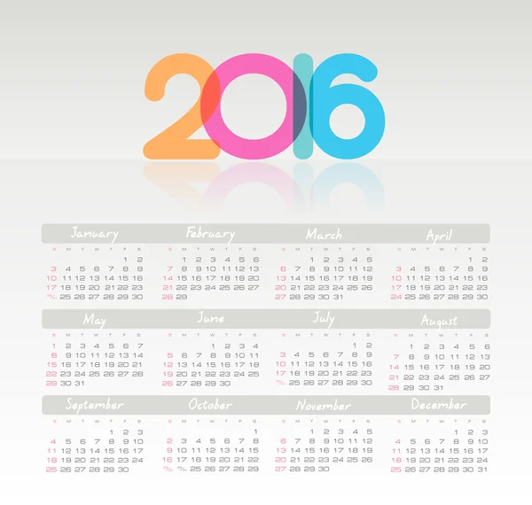 Calendario para 2016. Semana comienza el domingo . — Archivo Imágenes Vectoriales
