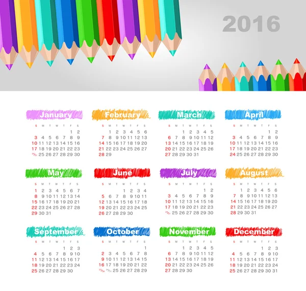 Calendário 2016 com um lápis. Semana começa domingo . — Vetor de Stock