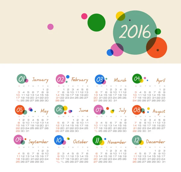 サークルと 2016 年のカレンダーです。週の開始日 — ストックベクタ