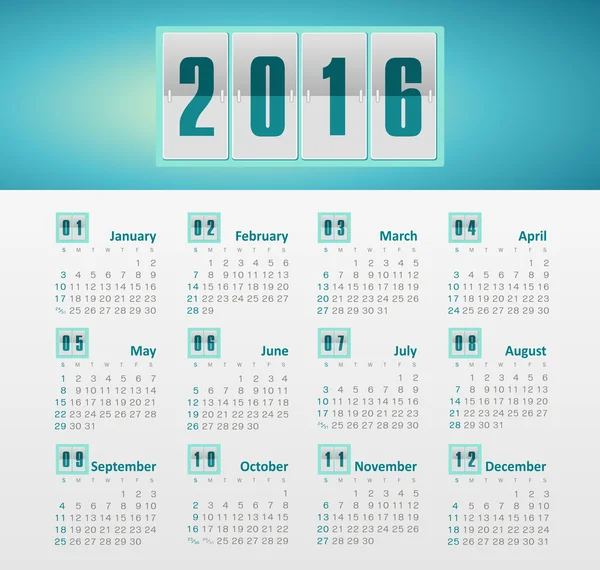 Kalender für 2016: Woche beginnt am Sonntag. — Stockvektor