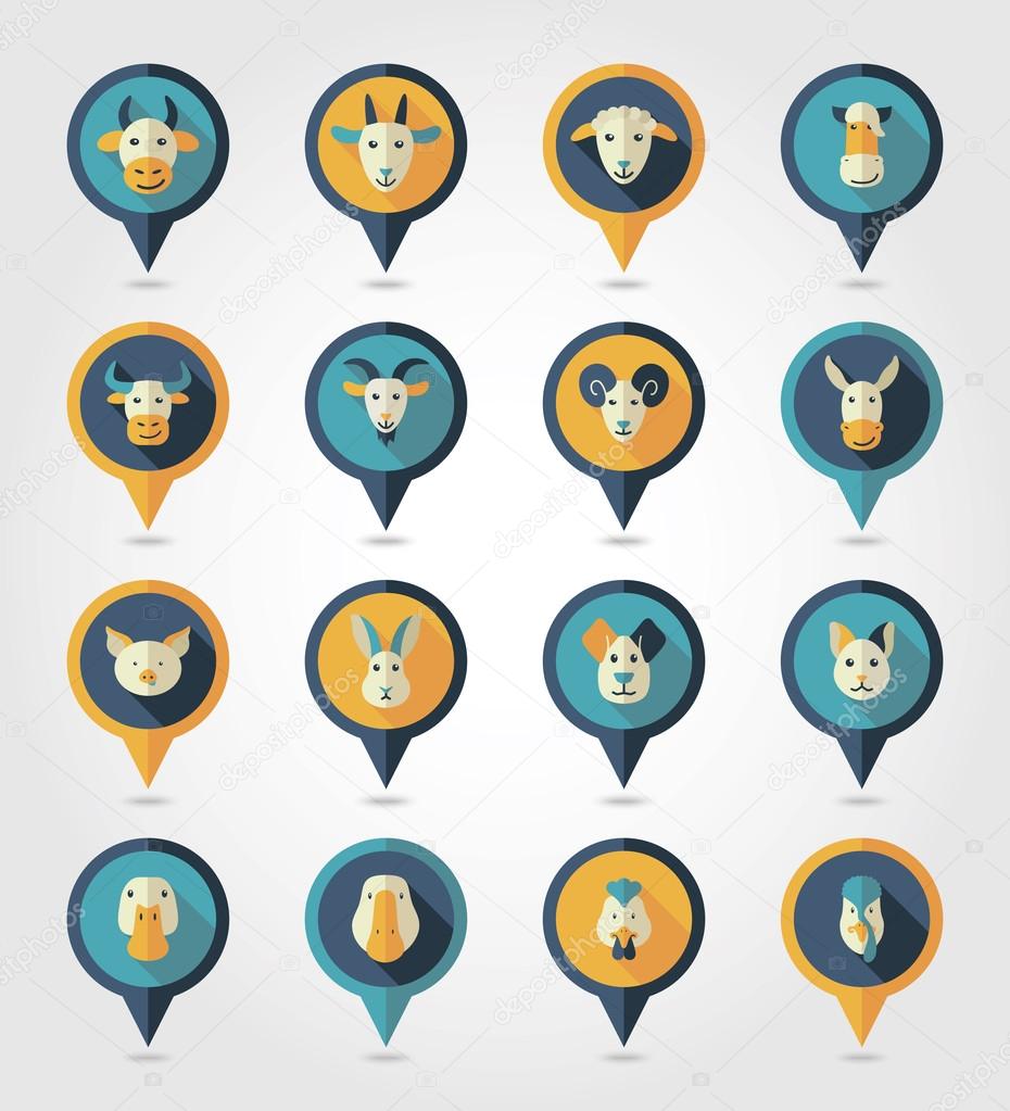 Farm animals mapping pins icons