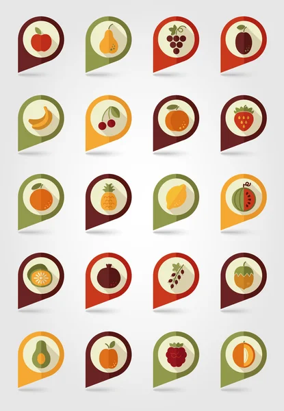 Iconos de pines de mapeo de frutas — Vector de stock