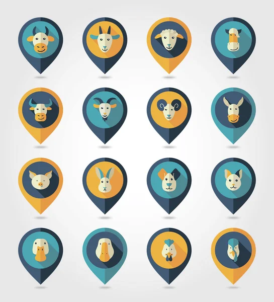 Farm animals mapping pins icons — Stock Vector