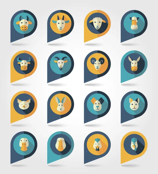 Farm animals mapping pins icons — Stock Vector