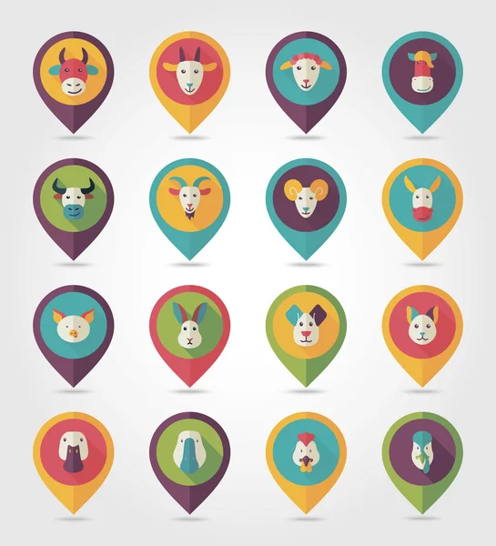 Farm animals mapping pins icons — Stock Vector