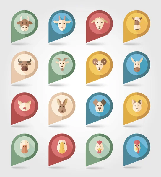 Farm animals mapping pins icons — Stock Vector