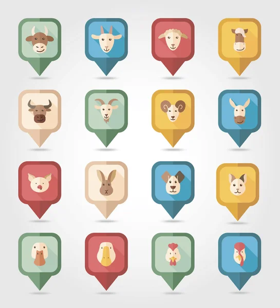 Farm animals mapping pins icons — Stock Vector