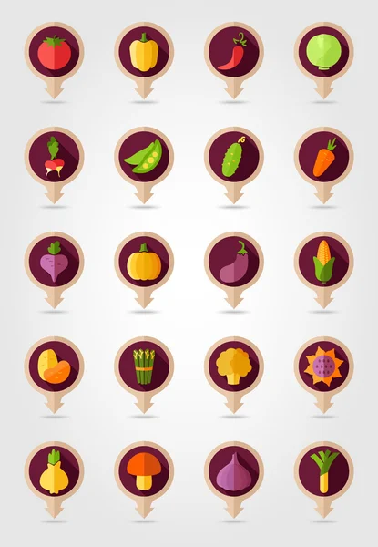 Vegetable mapping pins icons with long shadow — Stock Vector