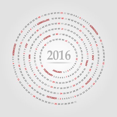 Yuvarlak takvim 2016 yıl için. Hafta başlar Pazar.