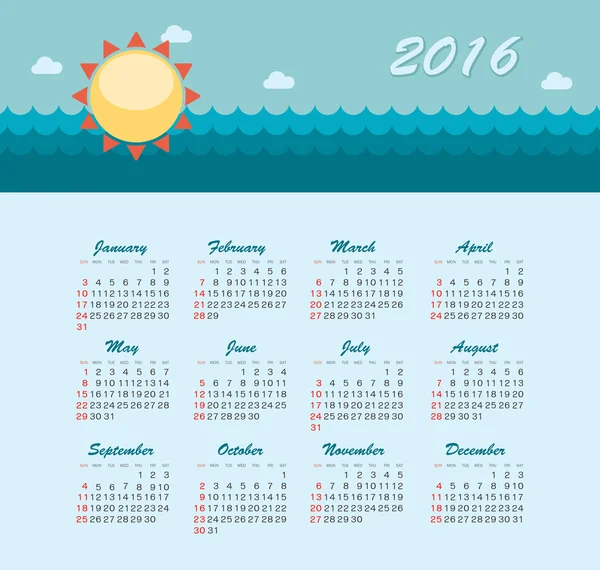 Calendario del Mar para 2016. Semana comienza el domingo . — Vector de stock