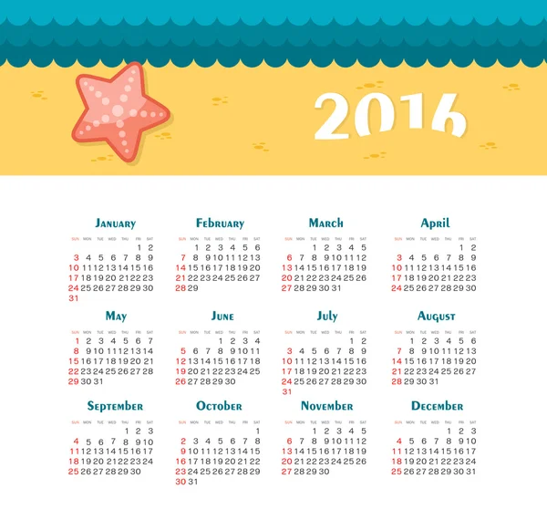 Calendario del Mar para 2016. Semana comienza el domingo . — Archivo Imágenes Vectoriales