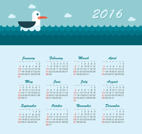 Morze kalendarz do 2016 roku. Rozpoczyna się tydzień niedziela. — Wektor stockowy