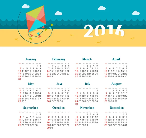 Calendario del Mar para 2016. Semana comienza el domingo . — Vector de stock