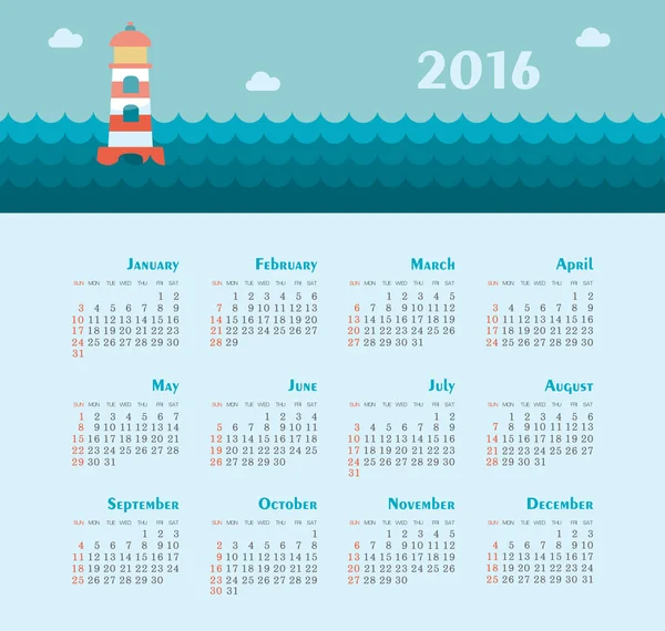 Calendario del Mar para 2016. Semana comienza el domingo . — Vector de stock