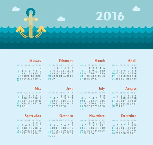 Морской календарь на 2016 год. Неделя начинается в воскресенье . — стоковый вектор