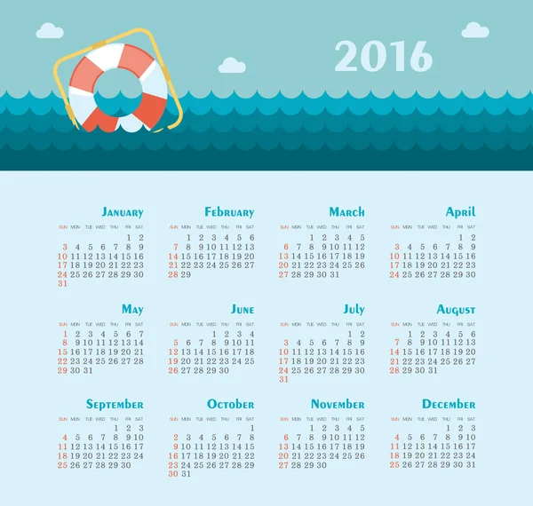 Calendario del Mar para 2016. Semana comienza el domingo . — Vector de stock
