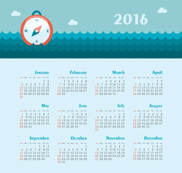 Морской календарь на 2016 год. Неделя начинается в воскресенье . — стоковый вектор