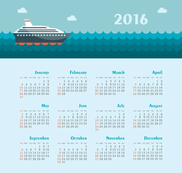 Calendrier maritime pour 2016. La semaine commence dimanche . — Image vectorielle