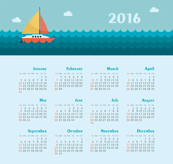 Calendário marinho para 2016. Semana começa domingo . — Vetor de Stock