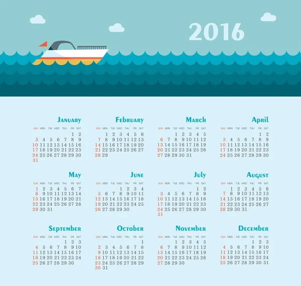 Deniz takvim 2016 için. Hafta başlar Pazar. — Stok Vektör