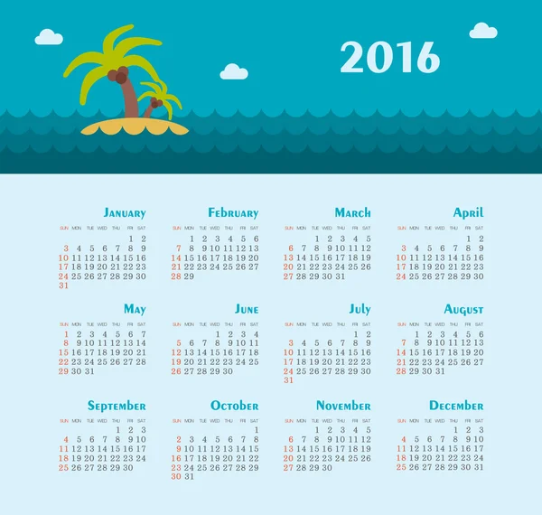 Morze kalendarz do 2016 roku. Rozpoczyna się tydzień niedziela. — Wektor stockowy