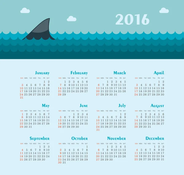 Calendario del Mar para 2016. Semana comienza el domingo . — Archivo Imágenes Vectoriales