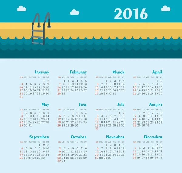 Sea Calendar for 2016. Week Starts Sunday. — Stock Vector