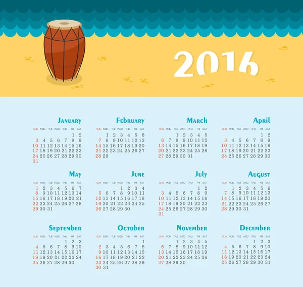 Sea Calendar for 2016. Week Starts Sunday. — Stock Vector