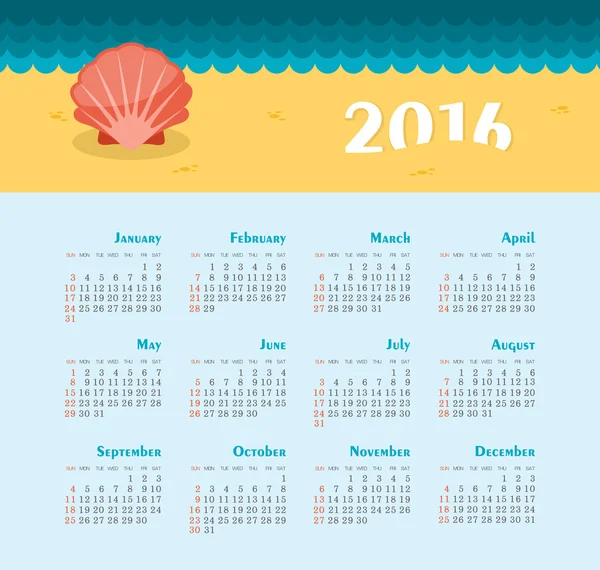 Calendario del Mar para 2016. Semana comienza el domingo . — Archivo Imágenes Vectoriales