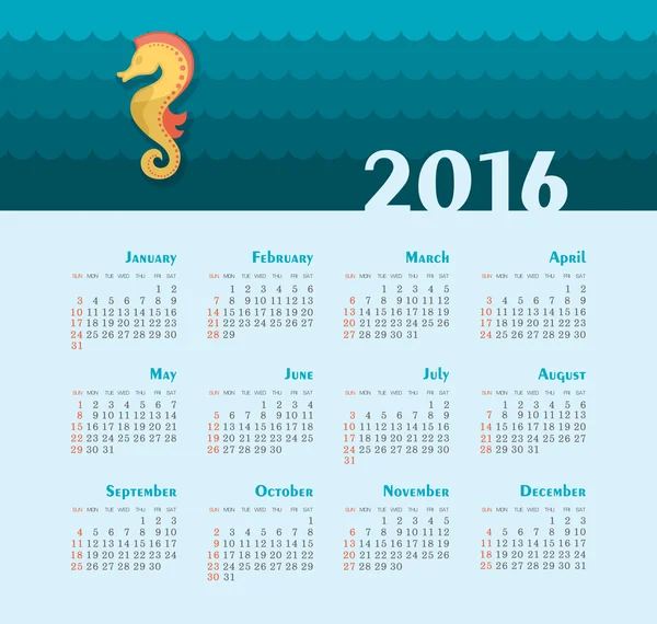 Sea Calendar for 2016. Week Starts Sunday. — Stock Vector