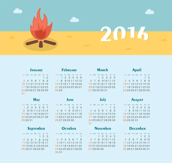 Kalender voor 2016. Week begint zondag. — Stockvector
