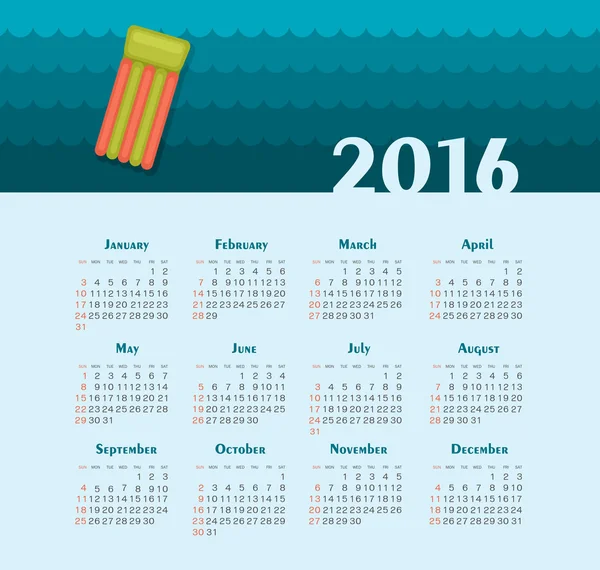 Calendario del Mar para 2016. Semana comienza el domingo . — Vector de stock