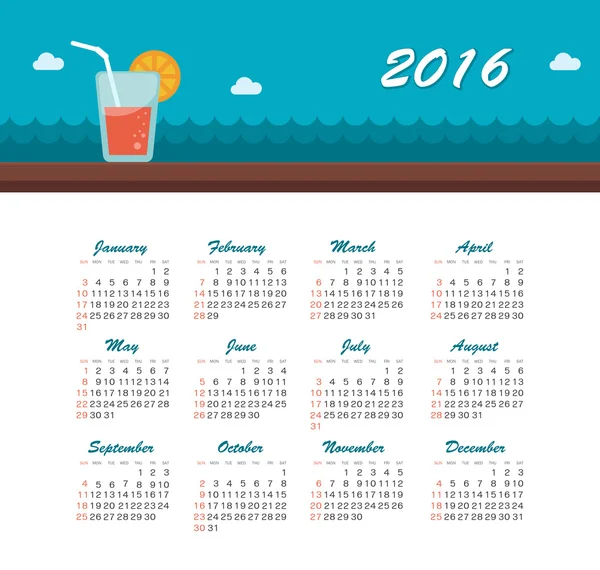 Sea Calendar for 2016. Week Starts Sunday. — Stock Vector