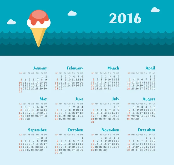 Calendario del Mar para 2016. Semana comienza el domingo . — Vector de stock