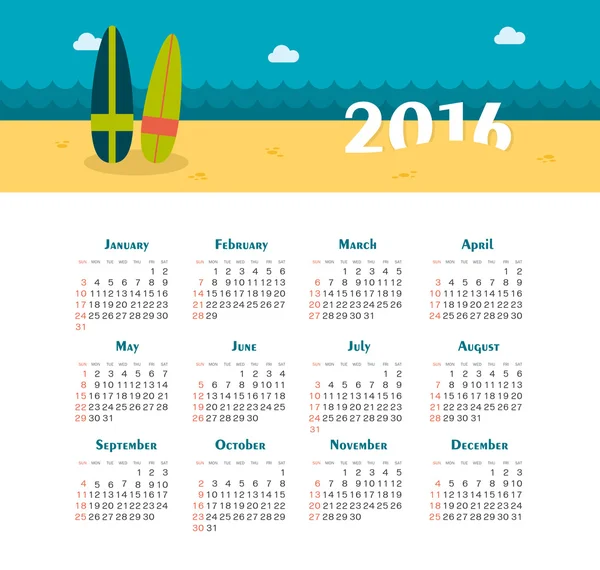 Calendrier maritime pour 2016. La semaine commence dimanche . — Image vectorielle