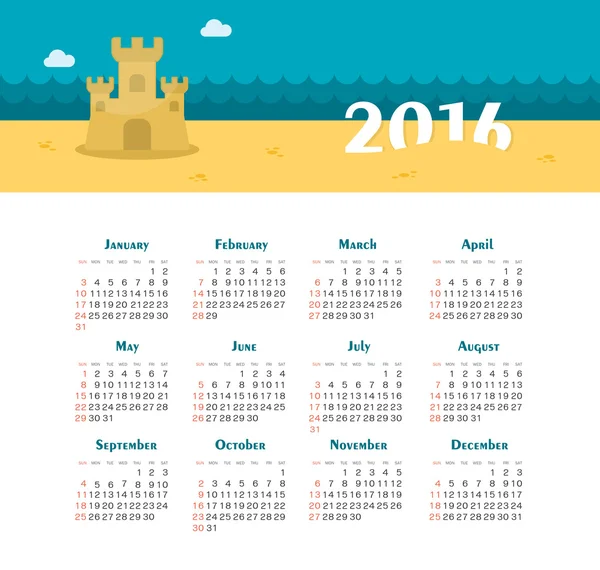 Calendario del Mar para 2016. Semana comienza el domingo . — Vector de stock
