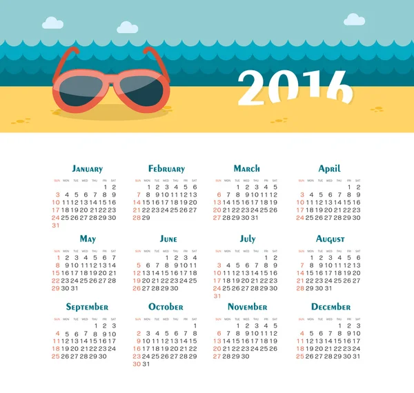 Sea Calendar for 2016. Week Starts Sunday. — Stock Vector